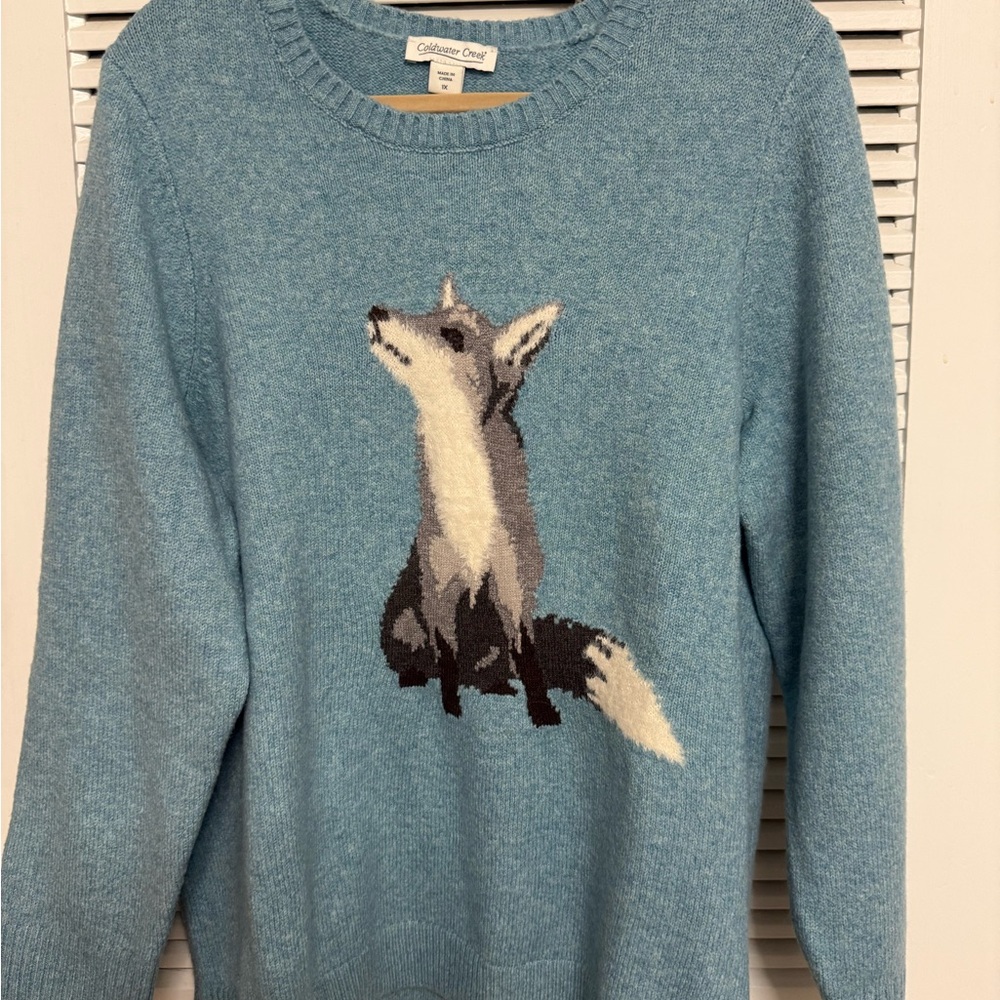 Coldwater Creek Blue Arctic Fox Crew Neck Sweater